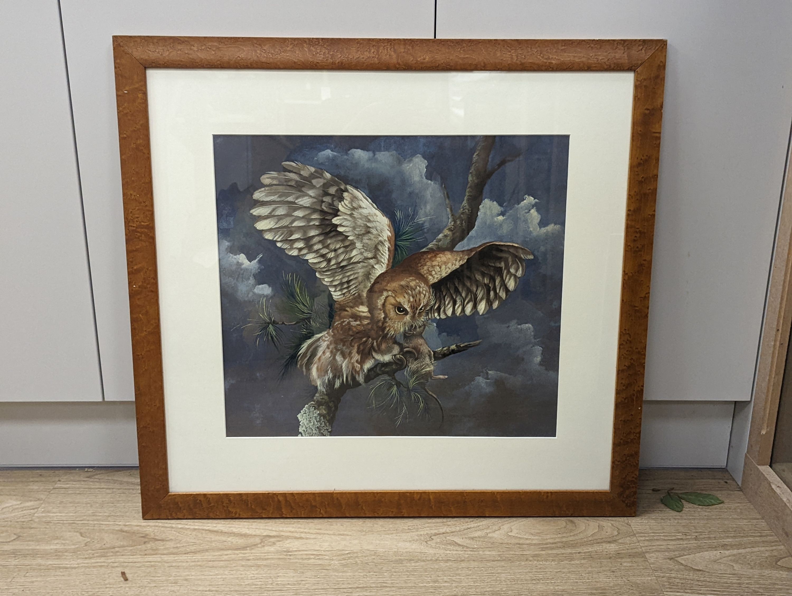 Marjorie Aman ?, gouache and watercolour, owl bearing prey, late 20th century, 43.5 x 49cm